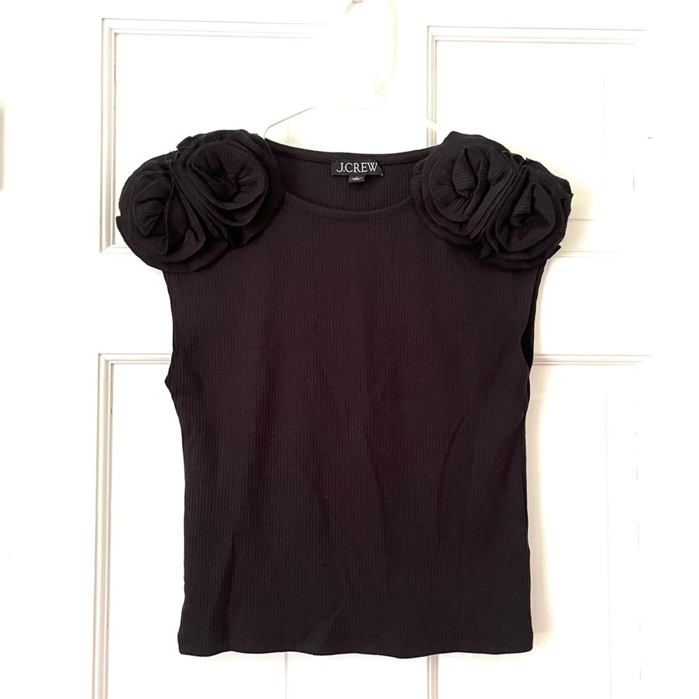 J. Crew Black Top with Floral Shoulder Details